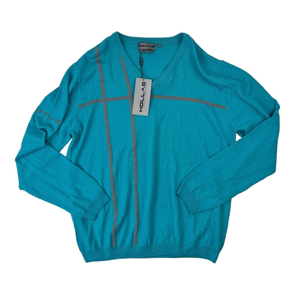 NWT HOLLAS XFC Blue w/ Gray Stripe L/S V-Neck Merino Wool Sweater Mens Size L